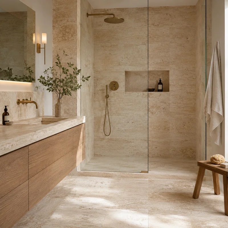 Salle de bain en travertin beige avec douche à l’italienne et meuble en bois
