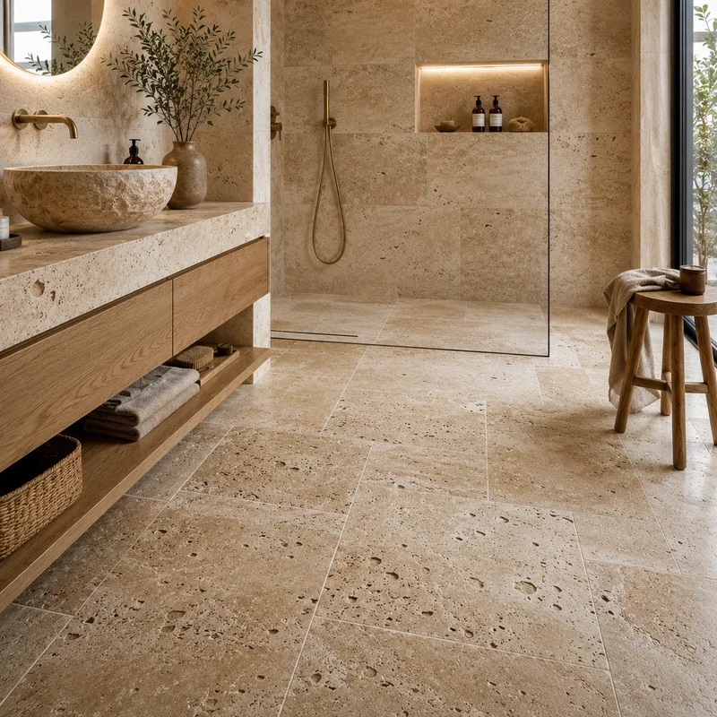 Sol en travertin naturel dans une salle de bain avec douche à l’italienne