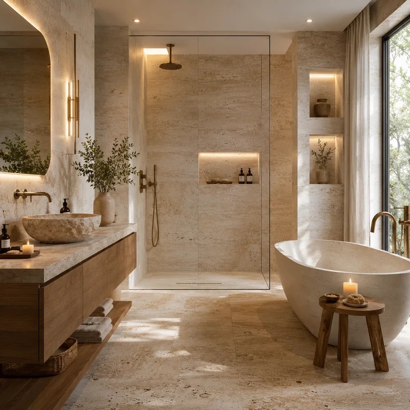Salle de bain en travertin beige avec bois, laiton et douche à l’italienne